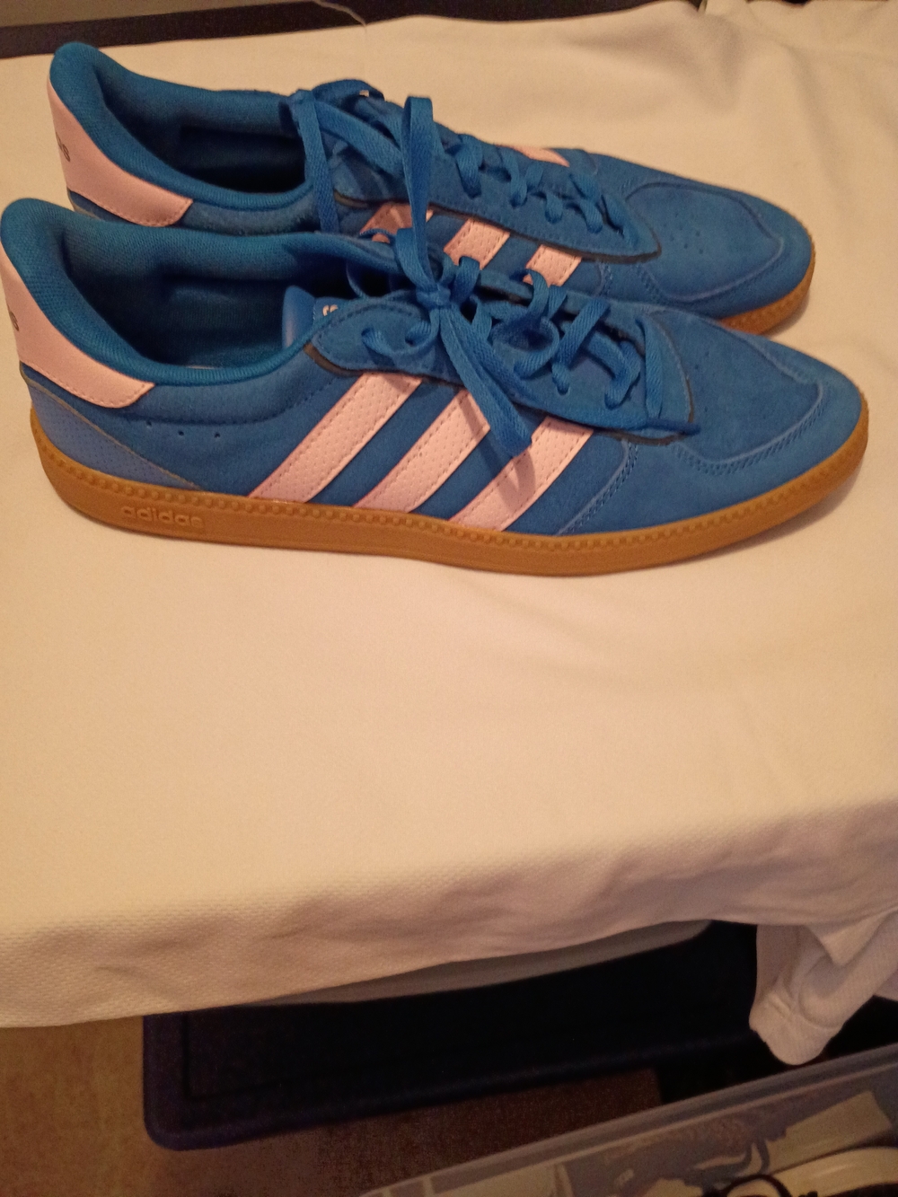 adidas Blue Suede Sneakers with Pink Stripes and Gum Sole